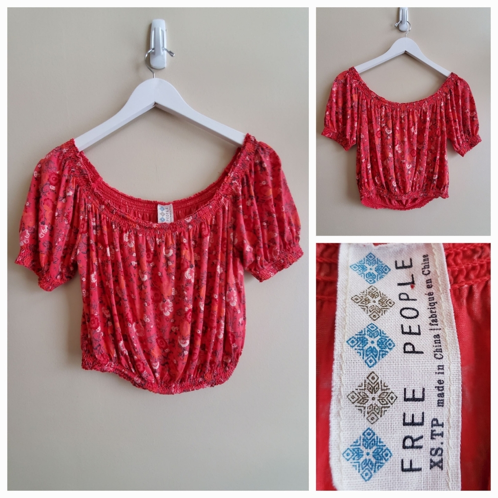 Free people Pink Floral Cropped top with smocking details, XS